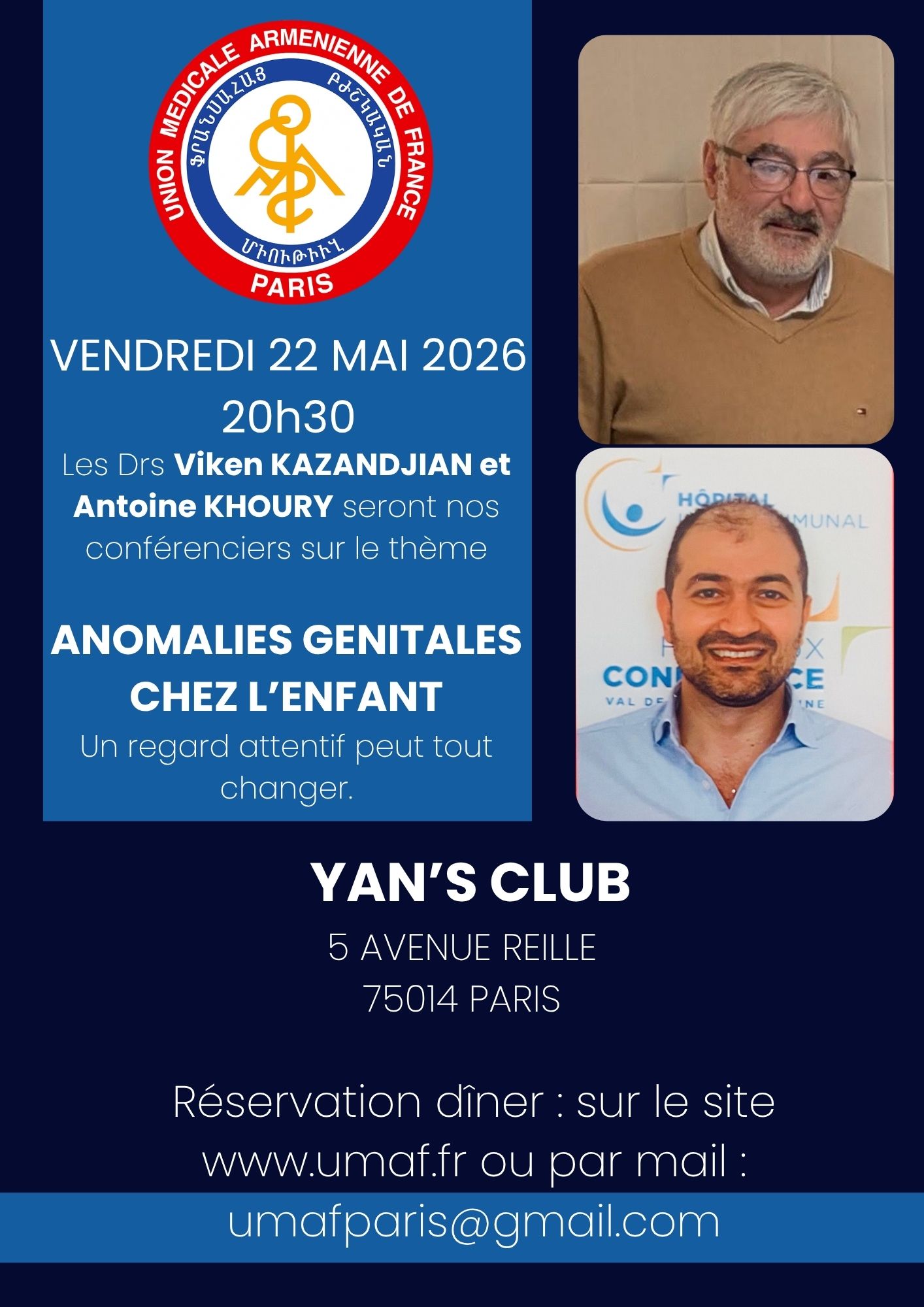 Lire la suite à propos de l’article Vendredi 22 mai 2026 20h30 : ANOMALIES GENITALES CHEZ L&rsquo;ENFANT (Drs Kazandjian et Khoury)